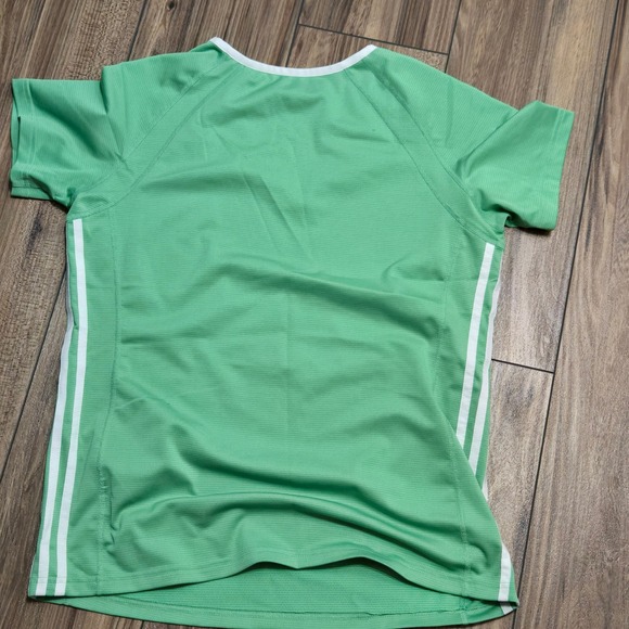 Adidas Womens Green V-Neck Short Sleeve Activewear Mesh Top Three Stripe M-L - Picture 6 of 7
